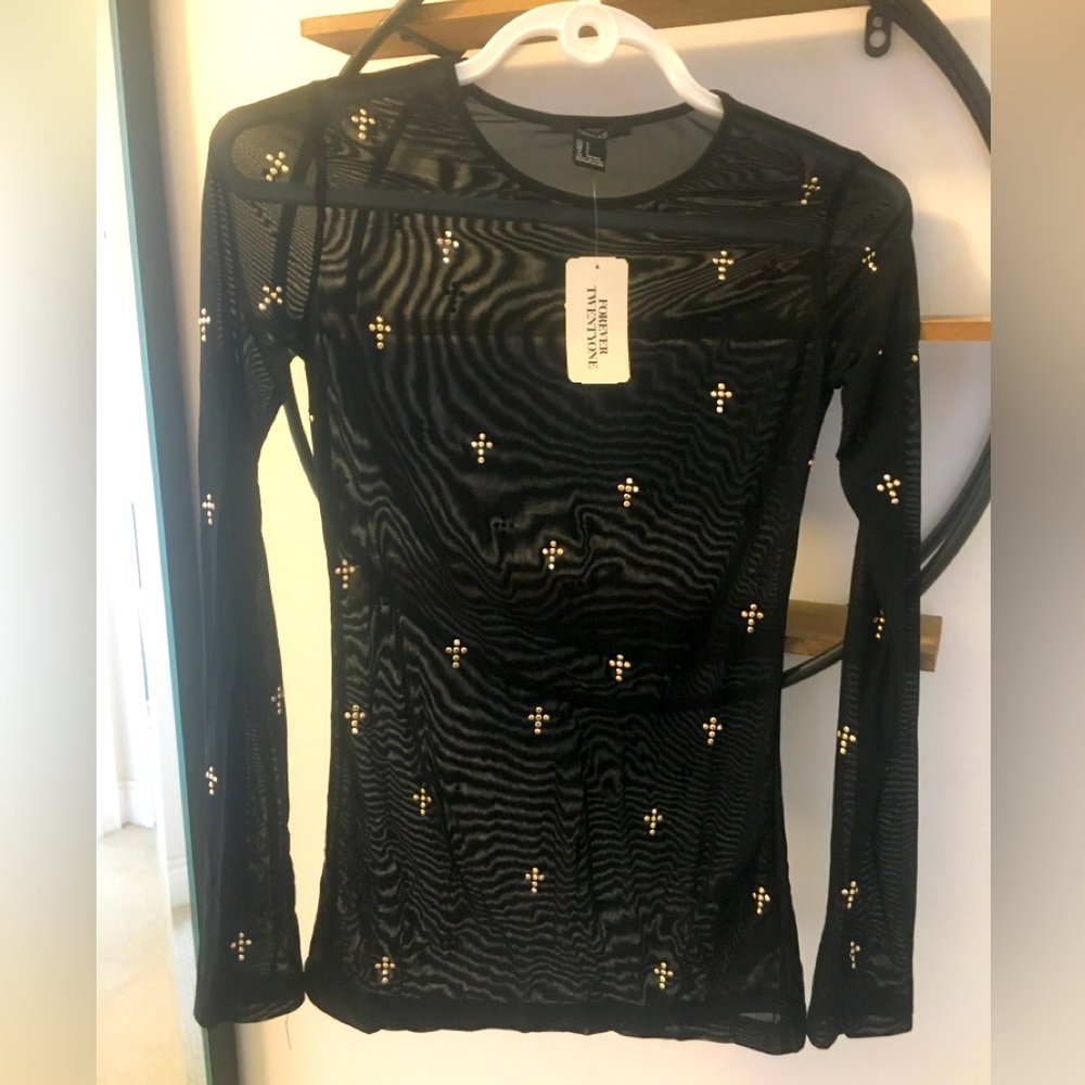 Shine Bright in this Gold Cross Embellished Black Mesh Top - Brand New w…